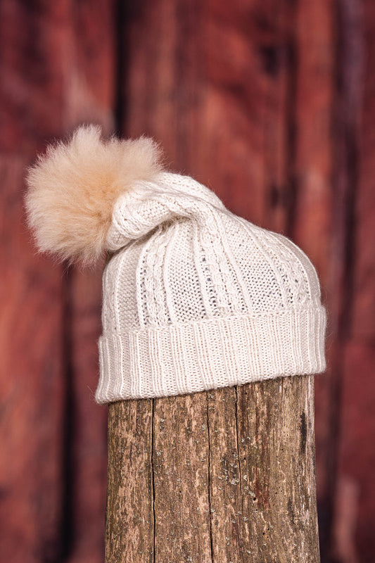 Tuque en alpaga avec pompon beige en fourrure - Naturel
