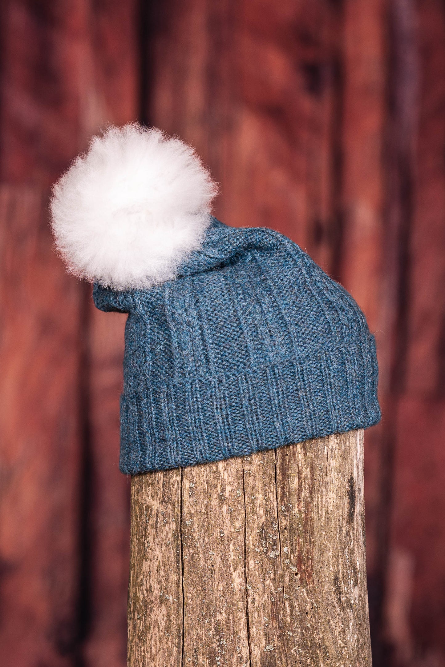 Tuque en alpaga avec pompon de fourrure - Bleu héron