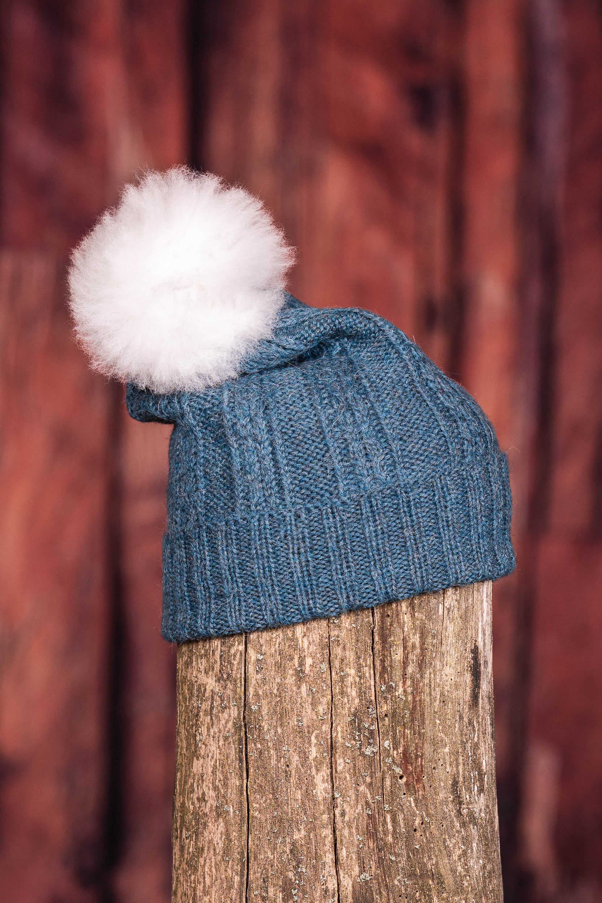 Tuque en alpaga avec pompon de fourrure - Bleu héron