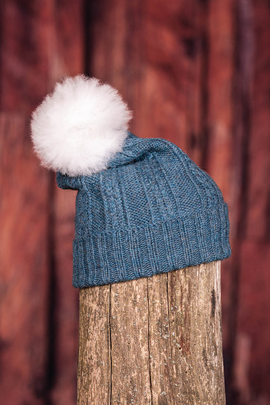 Tuque en alpaga avec pompon de fourrure - Bleu héron