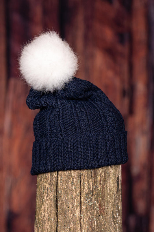 Tuque en alpaga avec pompon de fourrure - Marine