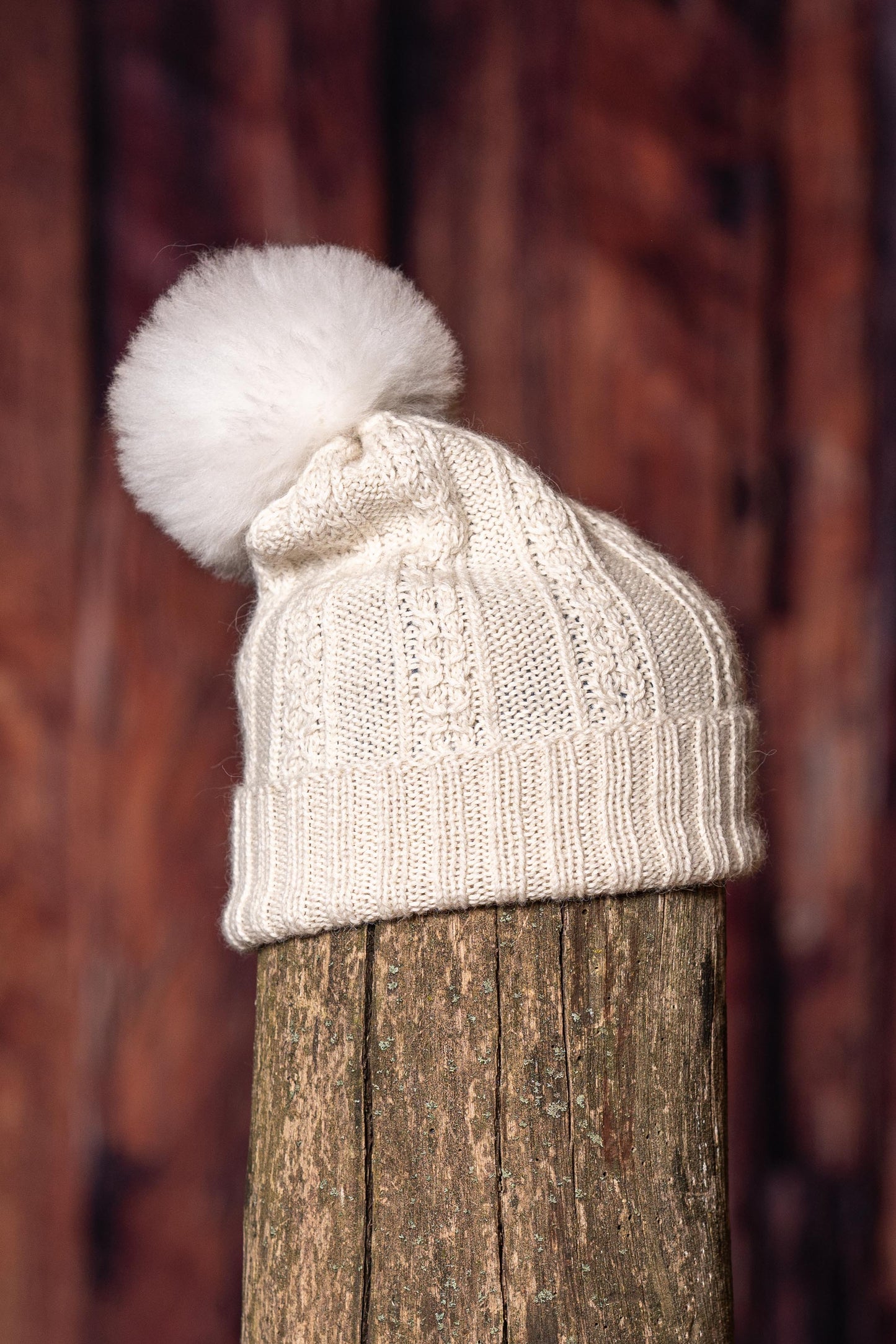 Tuque en alpaga avec pompon de fourrure - Naturel