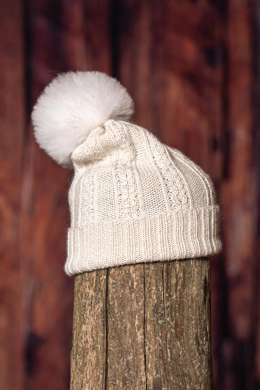 Tuque en alpaga avec pompon de fourrure - Naturel