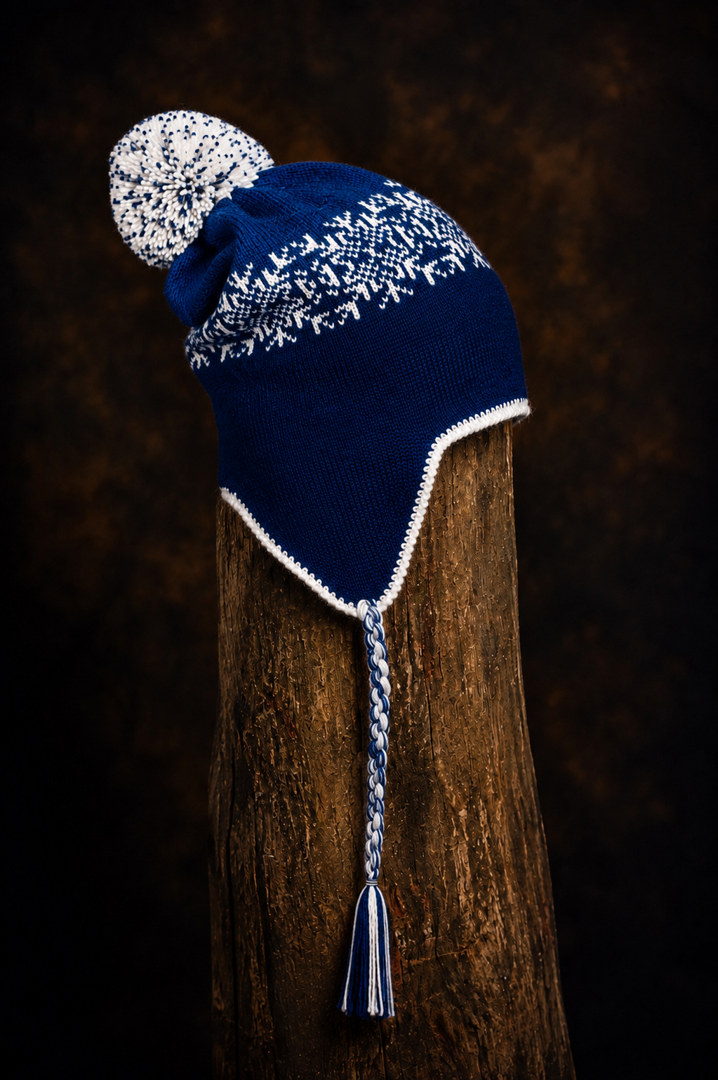 Tuque andine en alpaga motifs bleu marin / bleu héron