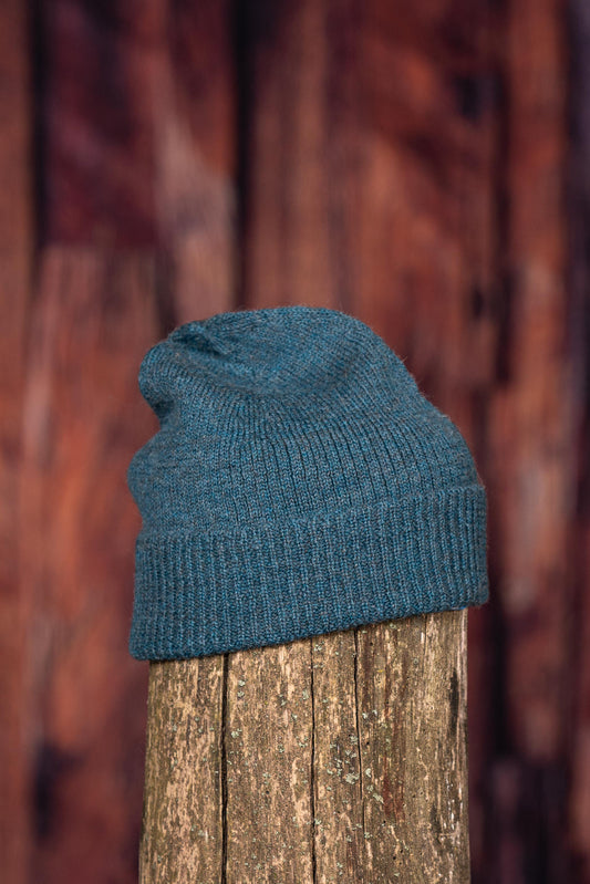 Tuque en alpaga simple avec rebord - Bleu héron