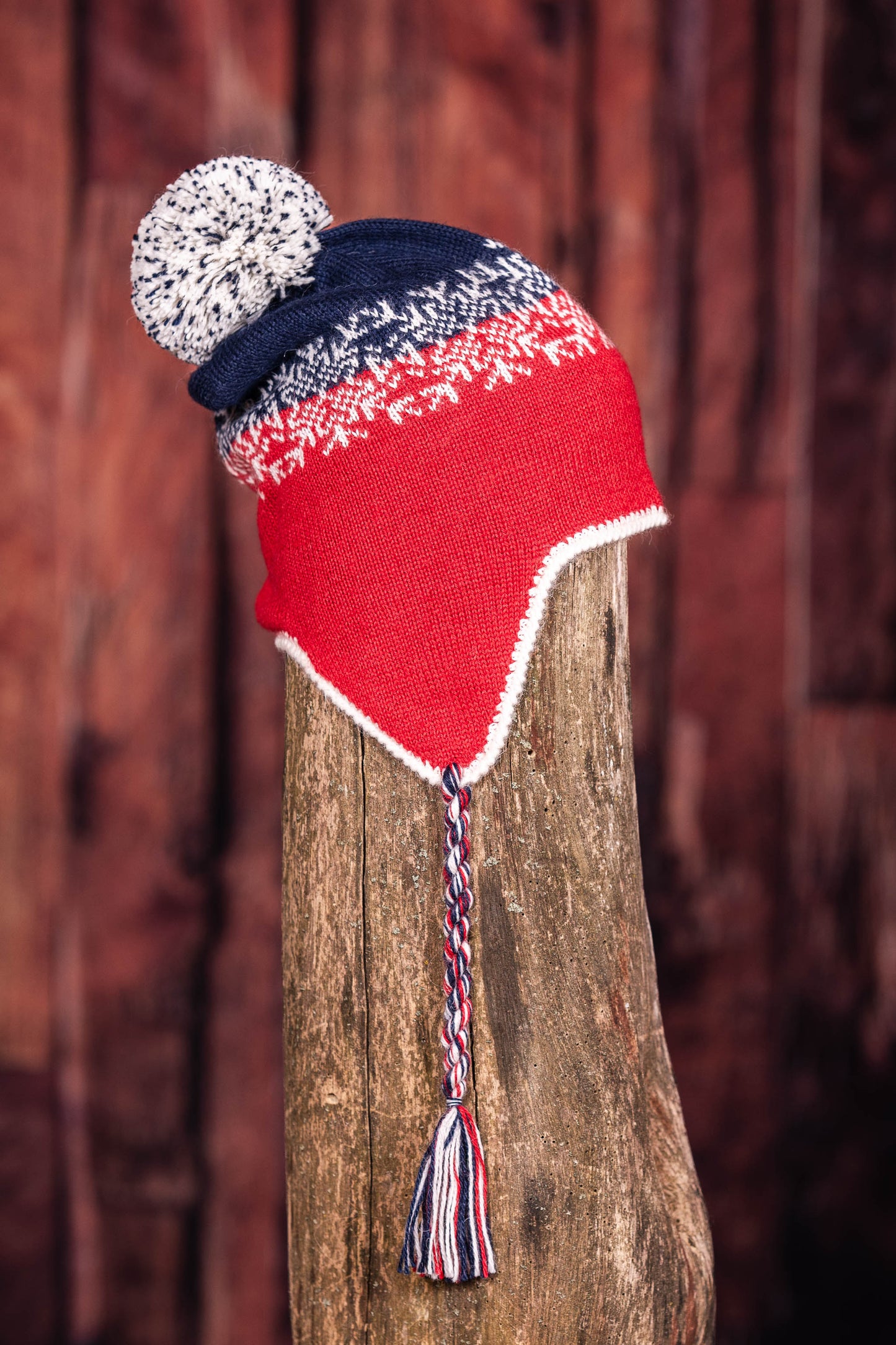 Andean Alpaca Toque - Patterned on Red / Navy Blue