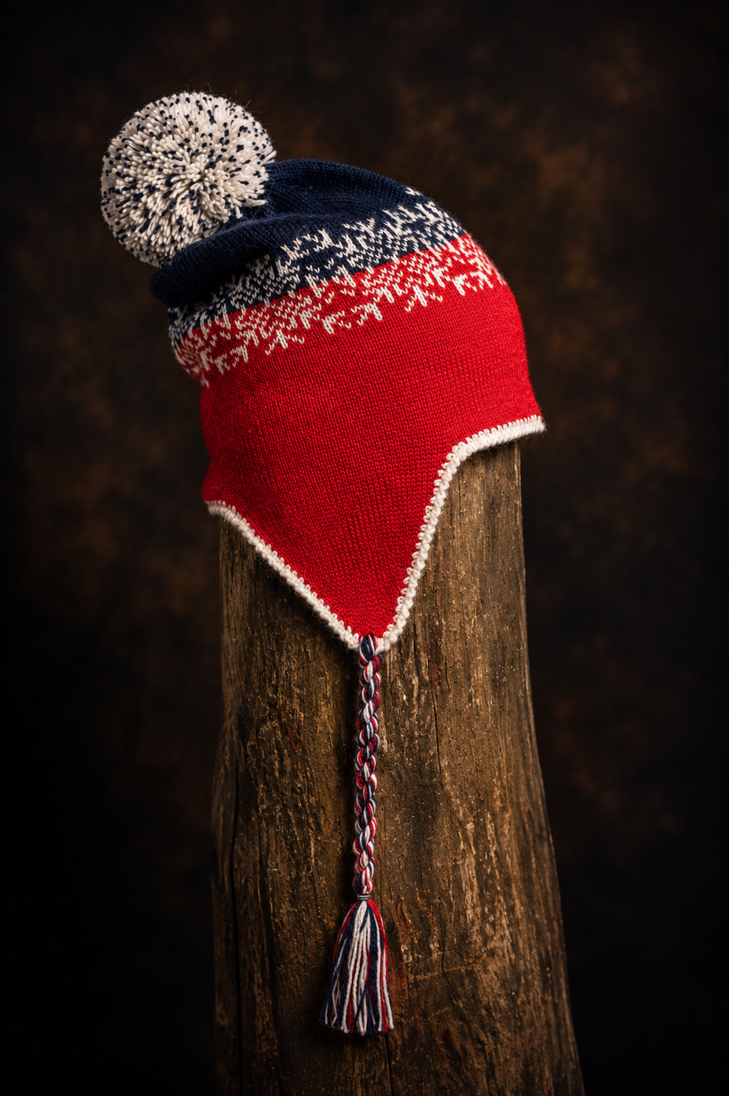 Tuque andine en alpaga motifs rouge / bleu marin